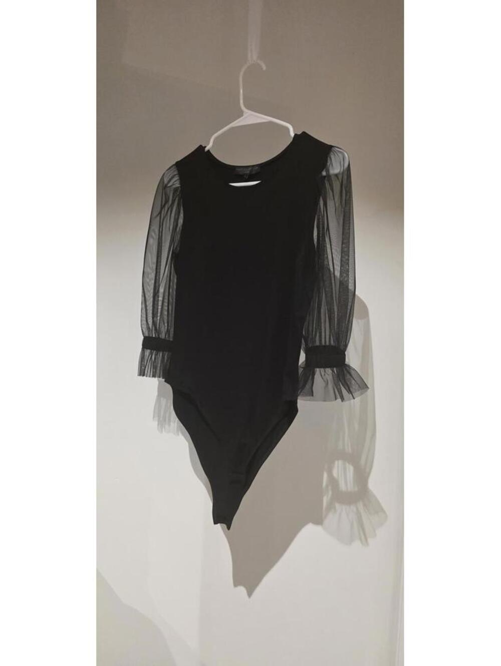 Marcella Moda - Black Sheer Mesh Long Sleeve Bodysuit With Snap Closure - Picture 2 of 6
